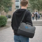 Wearing a black hoodie, a person carries a Rylie Duet Laptop Bag on a stone path outdoors.
