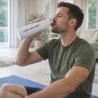 Man in green shirt drinks from a Zanna Vacuum Bottle with YOUR LOGO HERE label indoors.