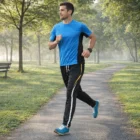 Man jogs in Men’s Sports Pants on a sunny park path lined with lush green trees.