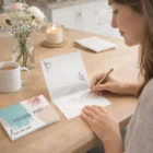 Woman writing a Milton Personalised Greeting Cards A7 at a wooden table with coffee and flowers.