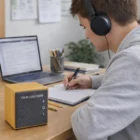 Person in Willowdale writes at a desk, laptop open, near Willowdale 5W Bluetooth Speakers.