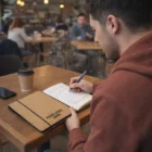 A man writes in a Maeve Cork Portfolios Aeur A5 notebook at a café table with coffee and phone.