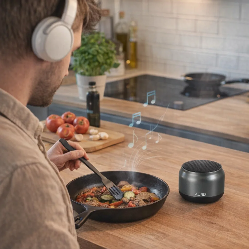 A man cooks veggies in Yukon while Bluetooth speakers play music nearby.