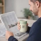 Man reading a newspaper holding a Miju Ceramic Coffee Cup with "YOUR LOGO HERE" on it.