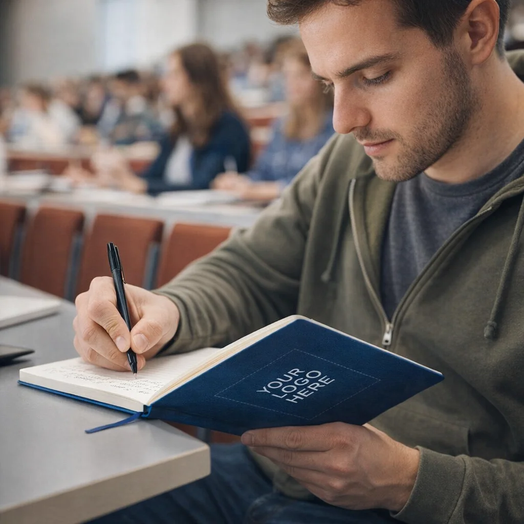 Man writing in a Scribbles Soft Leather Notebook in class, featuring Your Logo Here on the cover.