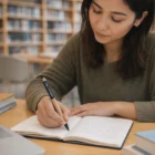 A woman in Brighton writes at a library table with Brighton Inkless Kraft Pens, books behind her.