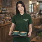 Barista in a Vinette Womens Polos shirt serves coffee in a cozy cafe.
