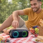 Man picnicking with fruit and Skylar Outdoor Bluetooth Speakers on a red checkered blanket.