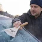 Man removes frost from windshield with Blythe Ice Scrapers, dressed in a coat and beanie.