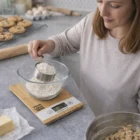 Woman weighing flour on Alder Bamboo Kitchen Scales beside baking items and cookies.