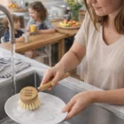 Woman washing plate with Puya Bamboo Sisal Dish Brush, kids at table, YOUR LOGO on brush.