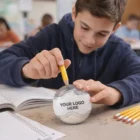 Smiling boy sharpens pencil with Orbital Sharpener With Erasers at a desk.