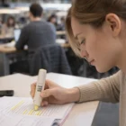 Woman highlighting notes with Swish Natura Highlighters in a lively study space.