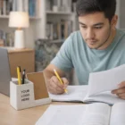 Young man at desk with books, laptop, and a Wheatstraw Wireless Charger Desk Caddy—Your Logo Here.