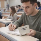 Student writing in a Leawood Pocket Notebook - Natura with YOUR LOGO HERE in a lecture hall.