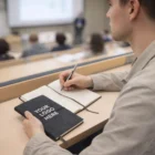 Student writes in an Oarkfield Felt Soft Cover Notebook labeled Your Logo Here.