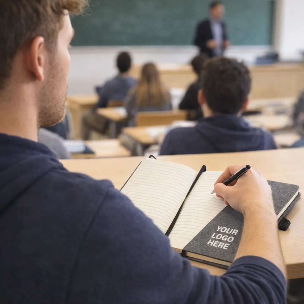 Student takes notes with an Oarkfield Felt Hard Cover Notebook, teacher visible in background.