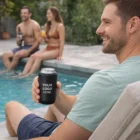Man by pool holds a Camelbak Horizon Can Cooler 350ml; two people relax in background.