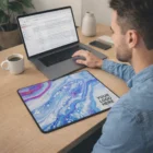 Man at desk with coffee using laptop and Daly Non-Slip Mouse Mat that says "Your Logo Here.