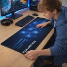 Teen boy in Davie adjusts Davie 800Mm Gaming Mat labeled YOUR LOGO HERE at computer desk.