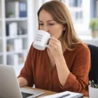 Woman in brown shirt sipping from a Bellarine Coffee Mug while working on her laptop.