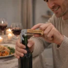 Smiling person opens wine with Goldfields Wine Waiters Knife labeled YOUR LOGO HERE.