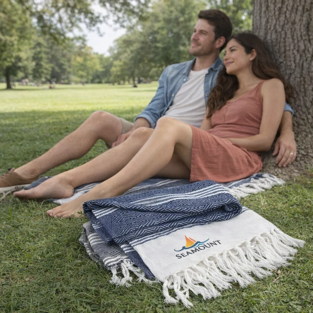A couple relaxes under a tree with Fringed Trimmed Throw Blankets nearby.