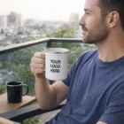 Man holding a Tyler 600Ml Stainless Steel Mug with logo, sitting on a balcony with city view.