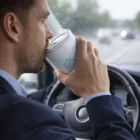 Man in a suit drinks from Double Wall Cups With Bamboo Base while driving a car.