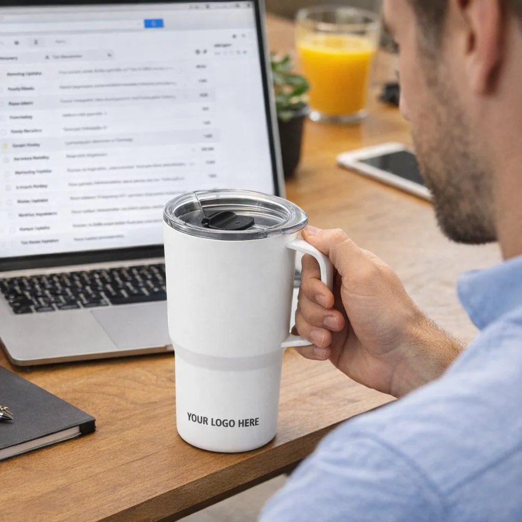Man holding a Camelbak Horizon Vacuum Mug 700ml with YOUR LOGO HERE by a laptop.