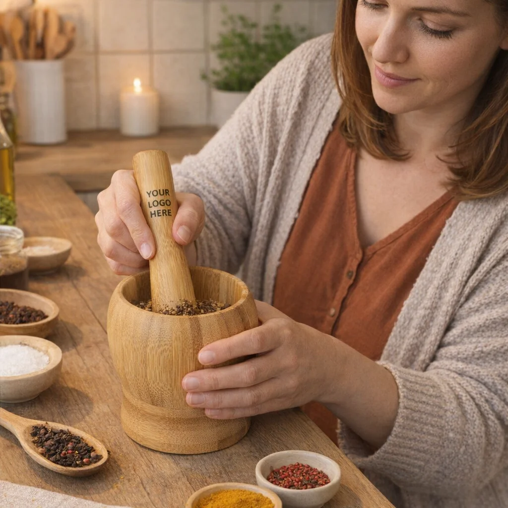 Woman grinding spices with a Natura Bamboo Mortar And Pestle Set at her kitchen table.