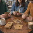 Three people play cards at a round table with drinks and Eco Kraft Playing Cards.