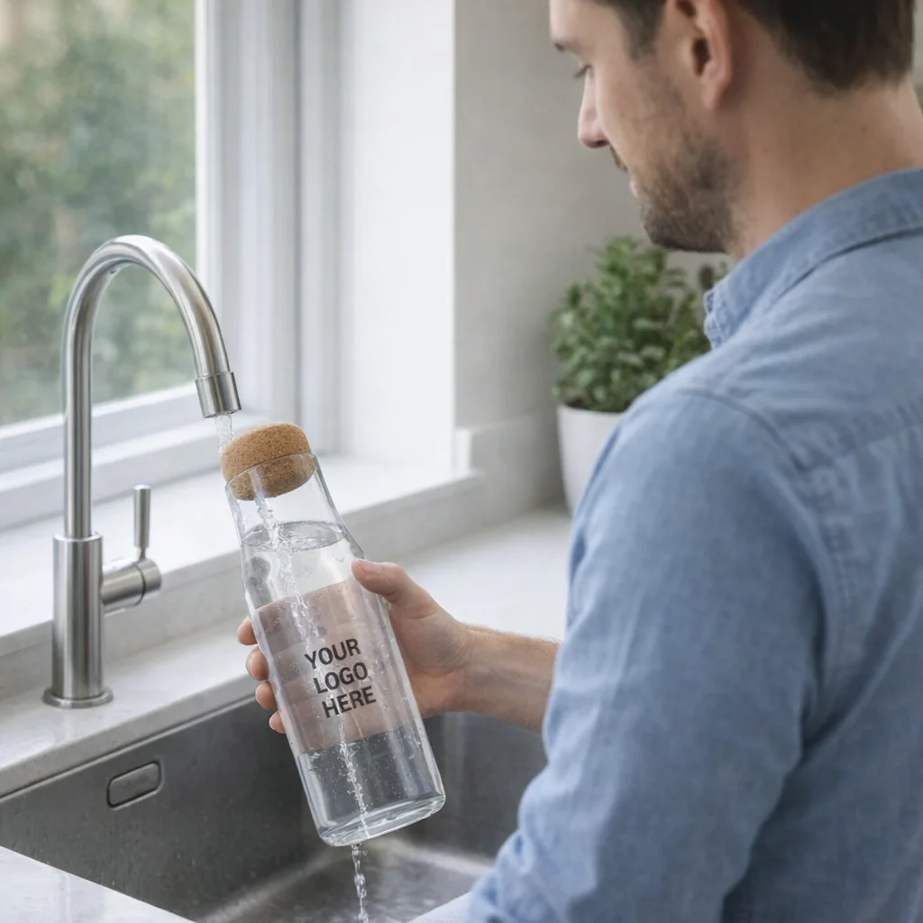 Man filling a Keepsake Onsen Carafe at a kitchen sink.