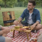 Three people picnic with wine and snacks on a red blanket using Keepsake Folding Wine Tables.