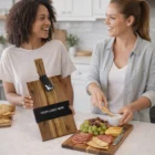 Two women smile in a kitchen with Keepsake Grazing Boards and a blank cutting board on display.