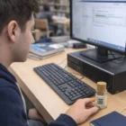 Young man at computer holds Concord Cork Lid 8Gb Flash Drive on desk labeled Your Logo Here.