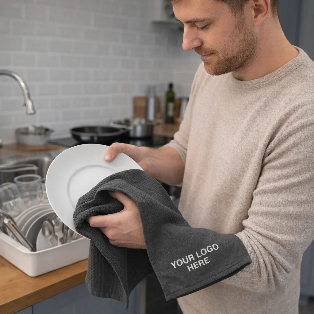 Man drying a plate with a Rochester Waffle Terry Towel in the kitchen.