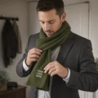 Man in suit adjusts green Bel Knitted Scarf with YOUR LOGO HERE, indoors.
