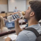 Student drinks from an Rpet Bottle With Bamboo Lid in class, with notebook and backpack visible.