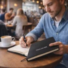 Man writes in a Pierre Cardin Biarritz Notebook And Pen Gift Set at a café, coffee nearby.