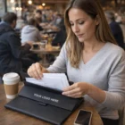 Woman at café table organizing papers in a Lancaster Portfolio With Pockets.
