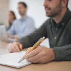 Man writing in notebook with a Lewis Retractable Bamboo Inkless Pen, two people blurred behind.