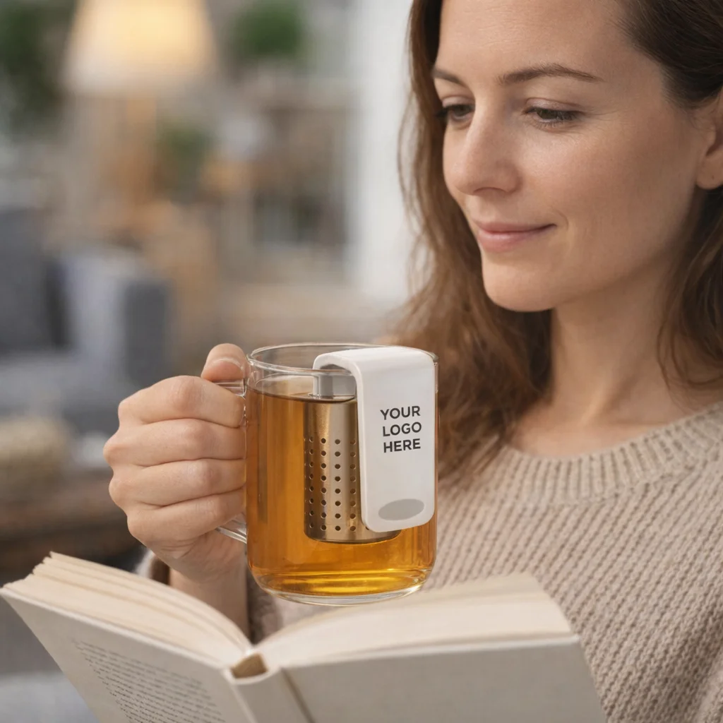 Woman enjoys tea in a glass mug with Easyclip Tea Infusers branded "Your Logo Here.