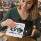 Woman cleaning a tablet with a Hale Magic Covers Small cloth in a cafe, coffee cup nearby.