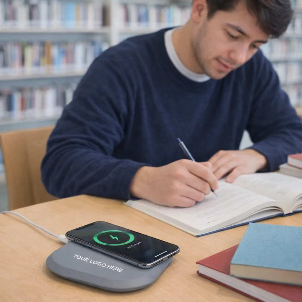 A student writes in a book at the library with a Stonetek Limestone Wireless Charger nearby.
