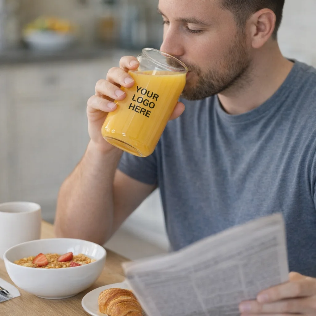 Man in Keepsake Suburbia Glasses drinks OJ from branded glass at breakfast, reading newspaper.