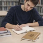 Young man writing in a Noxian Stone Paper Notebook at a library table, books stacked beside him.