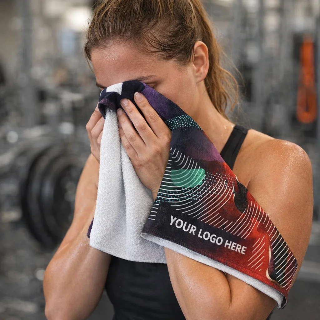 Woman wipes her face with a Full Colour Sports Fit Towel printed with 'Your Logo Here' at the gym.