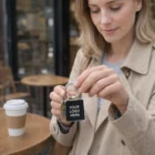 Woman with Capulet Square Nickel Key Rings sits at an outdoor café table holding keys.