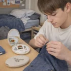 A young man sews a button; a Compact Wheatstraw Blend Sewing Kit sits on the desk nearby.